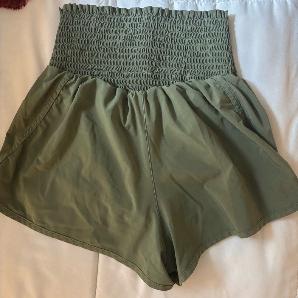 Aerie “off line” High Waist Green Shorts with Smocked Waistband